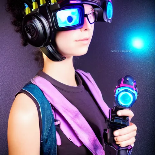 Image similar to 2070 photorealistic portrait of cute cyber punk high school girl, she is wearing heavy complicated future headsets. award winning, taken by canon 5d mk4, art lens, perfect lighting, hollywood, sci-fi