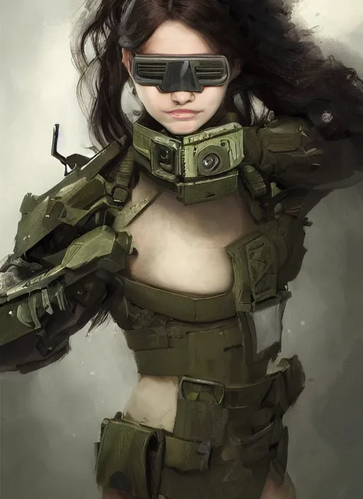 Image similar to a professional painting of a beautiful young female, clothed in stealth armor, nightvision goggles, olive skin, long dark hair, beautiful bone structure, symmetrical facial features, intricate, elegant, digital painting, concept art, smooth, sharp focus, illustration, from Metal Gear, by Ruan Jia and Mandy Jurgens and Artgerm and William-Adolphe Bouguerea