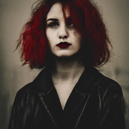 Image similar to a photo of a young woman. moody and melanchonic. with a little bit of red and yellow