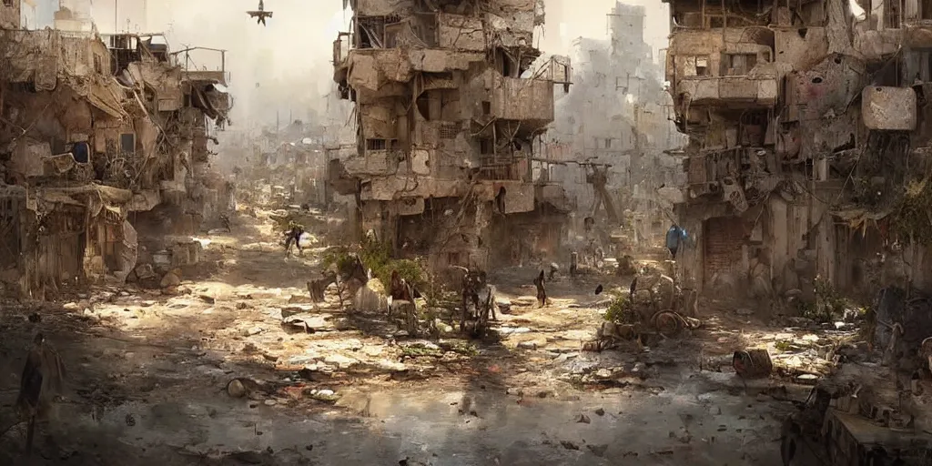 Image similar to hyper realistic, beautiful syrian slums village, concept art, for modern warfare, painted by greg rutkowski, highly detailed,