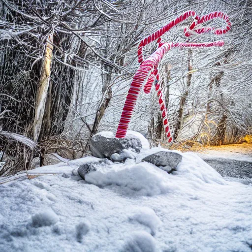 Prompt: a large colorful candy cane is sticking out the ground on the side of a serene foot path. there are some snow drifts laying against the candy. there are snow flurries in the air. epic, awe inspiring, dramatic lighting, cinematic, extremely high detail, photorealistic, cinematic lighting, trending on artstation cgsociety rendered in unreal engine, 4 k, hq,