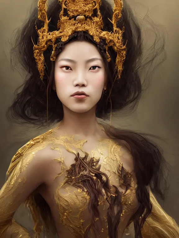 Prompt: beautiful portrait of a Chinese-French mixed race female wearing fantasy minority costume, ivory skin, dark brown long hair, dark brown eyes, ,intricate, elegant, highly detailed, dim volumetric lighting, abstract, 8k,octane,post-processing,digital painting, trending on artstation, concept art, smooth, sharp focus, illustration,by Tom Bagshaw and Daniel Gerhartz and Albert Aublet and Lawrence Alma-Tadema