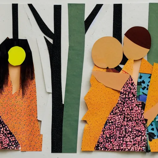 Image similar to paper collage art made of cut up magazines depicting two women holding hands in a forest during summer