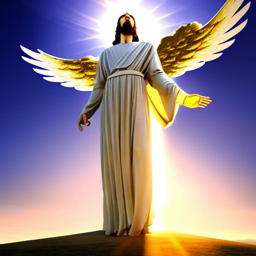 Image similar to gigantic biblical depiction of an angel towering over a vast landscape, cinematic, realistic, geometric white marble body, photorealistic, detailed, gold sky, global illumination, volumetric lighting, god rays, beautiful composition, majestic clouds, soft colors, heavenly lighting