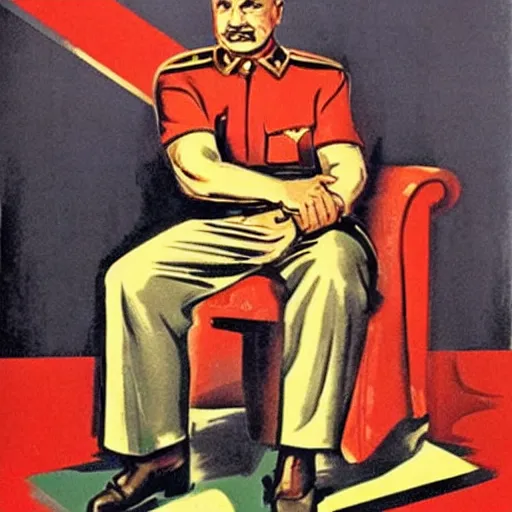 Prompt: hungarian prime minister viktor orban sitting on the knee of joseph stalin, soviet propaganda poster art from 1 9 5 0, highly detailed, colored