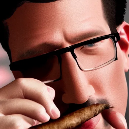 Image similar to a closeup photo of handsome gigachad markiplier smoking a cigar, 8k photorealism, extremly detailed, trending on artstation