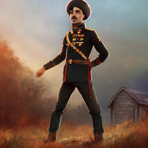 Prompt: fullbody of young freddie mercury, wearing simple russian ww 1 clothes in black fur beanie, russian villages at background, style ivan talavera and artgerm, radiant lighting, hyper realistic, photorealistic, octane render, trending on artstation, cgsociety, cinematic light, global illumination