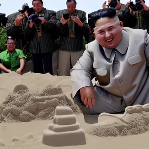 Image similar to kim jong un building sandcastle at the beach