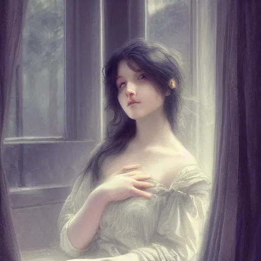 Prompt: A dreamy sleepy young woman with long dark hair, art by caspar gustave doré, highly detailed, oil painting, concept art, illustration, dim lighting with twilight rays of sunlight coming through the window with closed shutters, trending on artstation, very detailed, smooth, sharp focus, octane render