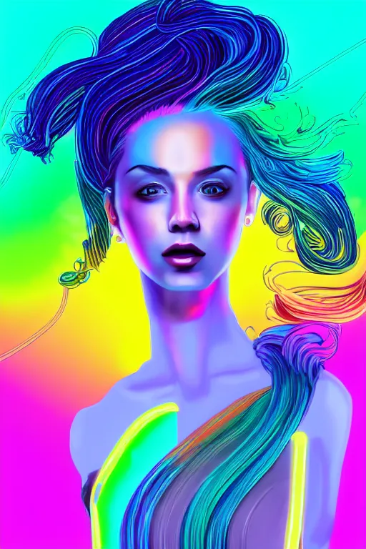 Image similar to a award winning half body portrait of a beautiful woman with stunning eyes in a croptop and cargo pants with rainbow colored ombre hairstyle head in motion and hair flying by thomas danthony, outlined by whirling illuminated neon lines, outrun, vaporware, shaded flat illustration, digital art, trending on artstation, highly detailed, fine detail, intricate