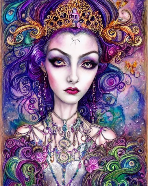 Image similar to josephine wall water colored pencils baroque bedazzled gothic royalty frames surrounding a pixelsort highly detailed portrait of a detailed pencil portrait with watercolor of a beautiful monster high doll, by sabrina eras, alice x. zhang, agnes cecile, blanca alvarez