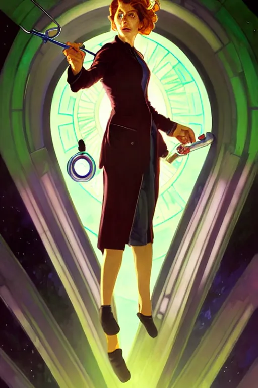 Image similar to doctor who, woman, as a mad dentist, on a plain green background, art by artgerm and greg rutkowski and alphonse mucha