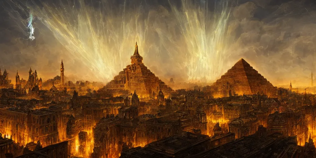 Image similar to magical city of the great tartarian empire adorned with amazing lost technology, lighting resembling fireflies, spires from rooftops collecting and distributing etheric energy, the centerpiece of the city is a colossal ancient pyramid made of metal, cityscape, combining intense detail & utmost quality, late 1 8 0 0 s photography christian hecker, artstation, - h 8 3 2