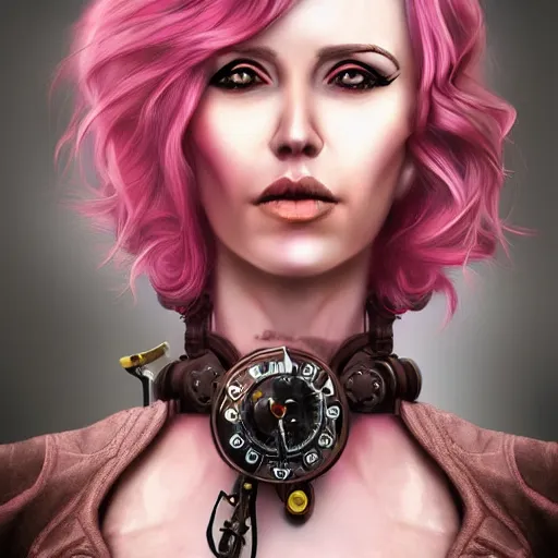 Prompt: a portrait of a steampunk woman with pink hair, digital art, hyperrealistic