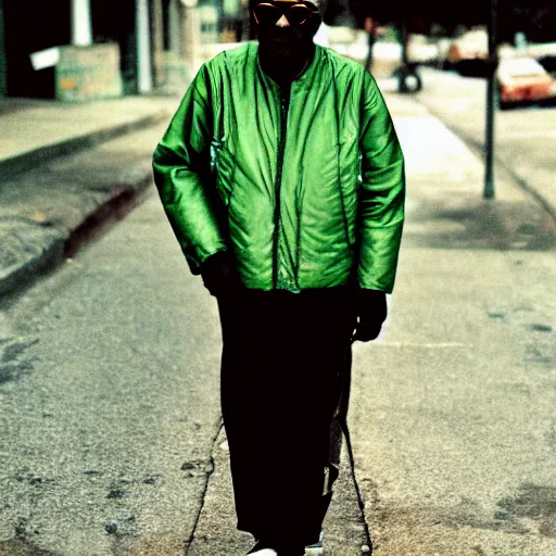 Prompt: photo, 1 0 0 year old black man wandering in memphis neighborhood, moncler jacket, circular sunglasses, portrait, kodak ektachrome, greenish expired film, award winning, low contrast