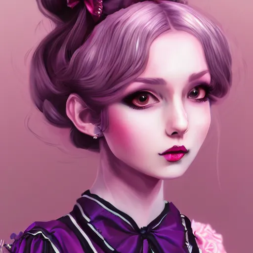 Prompt: a girl wearing lolita clothes, purple lipstick, highly detailed, digital painting, artstation, concept art, smooth, sharp focus, illustration