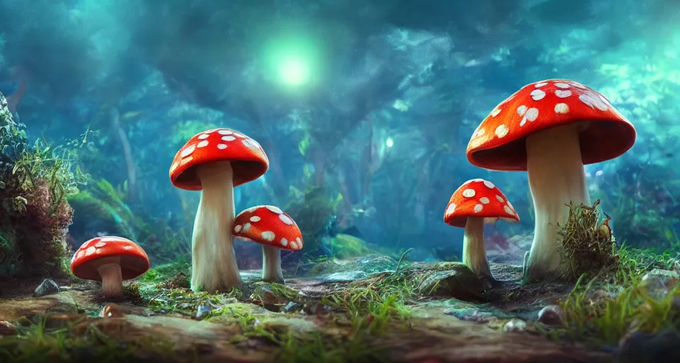 Image similar to a beautiful painting of a mushroom fish, octane render, brilliantly coloured, intricate, ultra wide angle, trending on artstation, dusk, volumetric lighting, polished, micro details, ray tracing, 8k