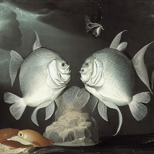 Prompt: two fishes talking to eachother in deep sea, art by pieter claesz