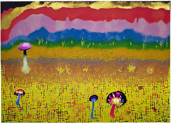 Image similar to expressionistic pixelated decollage painting golden armor alien zombie horseman riding on a crystal bone dragon broken rainbow diamond maggot horse in a blossoming meadow full of colorful mushrooms and golden foil toad blobs in a golden sunset, distant forest horizon, painted by Mark Rothko, Helen Frankenthaler, Danny Fox and Hilma af Klint, graffiti buff, pixel mosaic, semiabstract, color field painting, byzantine art, pop art look, naive, outsider art, very coherent symmetrical artwork. Bekinski painting, part by Philip Guston and Adrian Ghenie, art by George Condo, 8k, extreme detail, intricate detail, masterpiece