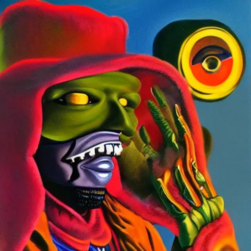 Image similar to beautiful lifelike painting of mf doom rhinestone cowboy, hyperreal detailed facial features and uv lighting, art by ed roth and basil wolverton