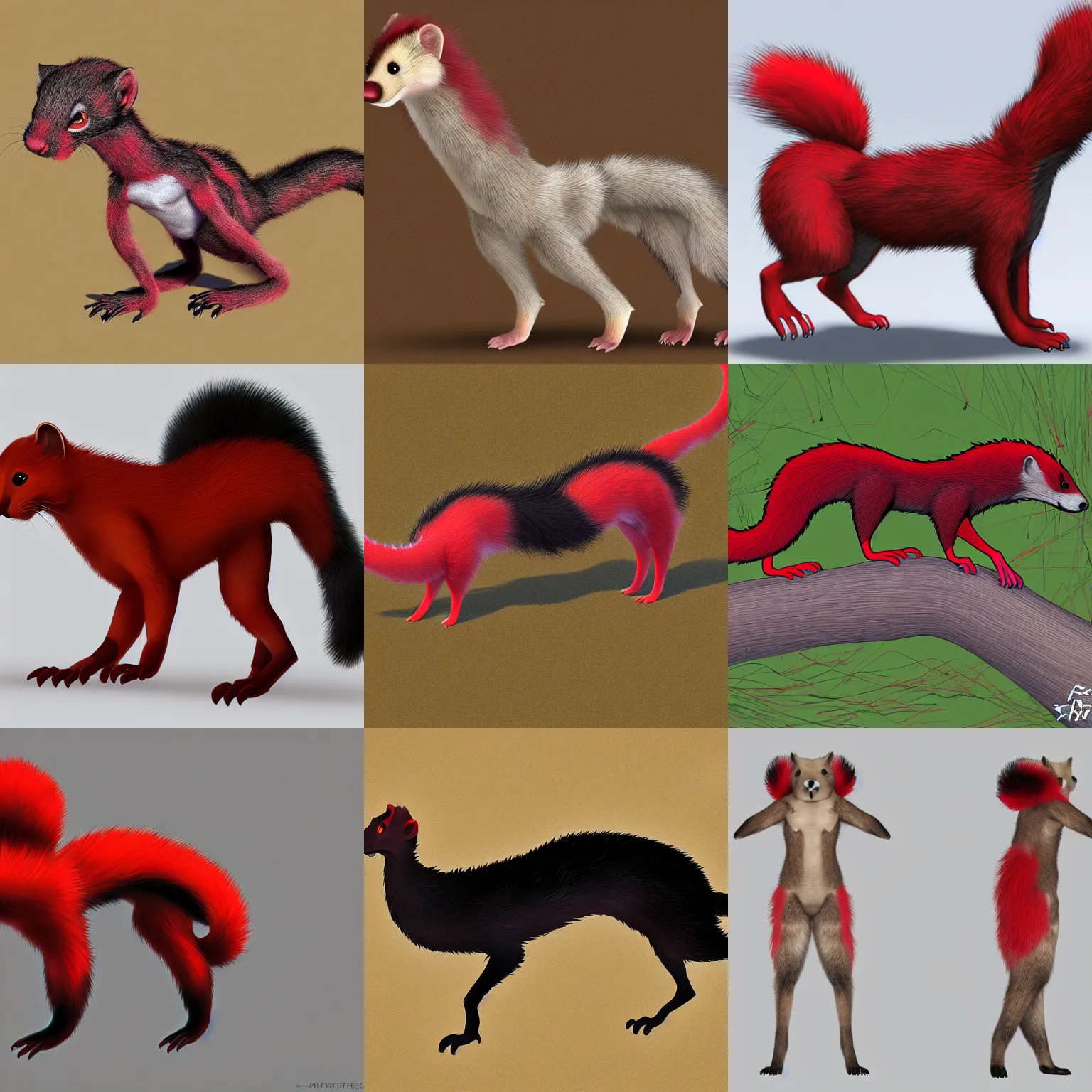 Prompt: gaussian, photorealistic male body weasel furry ( red & black ) fursona, attached tail