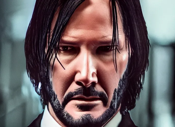 Image similar to john wick as a woman, award winning shot, close up, action movie