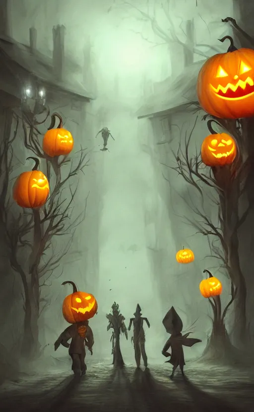 Image similar to a creepy and eery Halloween setting, with Jack o lanterns on the street and shadow figures lurking about, dynamic lighting, photorealistic fantasy concept art, stunning visuals, creative, cinematic, ultra detailed, trending on art station, spooky vibe