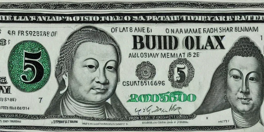 Image similar to 5 dollar bill with a buddha on it, high details