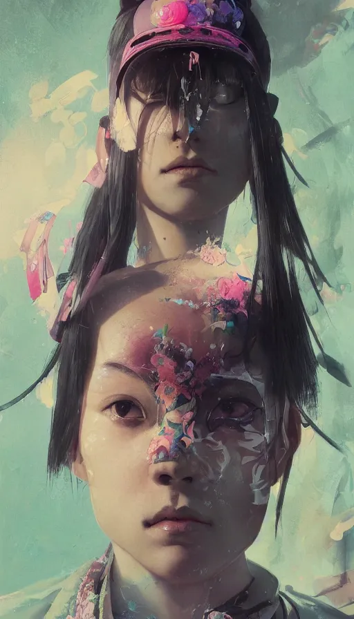 Image similar to altered carbon, detailed portrait young gangster lolita, amazing beauty, visor, neon tattoo, styled hair, decorated traditional japanese ornaments by carl spitzweg, ismail inceoglu, vdragan bibin, hans thoma, greg rutkowski, alexandros pyromallis, perfect face, fine details, realistic shaded