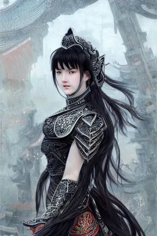 Prompt: portrait black hair young knights of Dynasty Warriors girl, matt white color reflected armor, in ruin chinese temple rooftop heavily rain sunrise, ssci-fi and fantasy, intricate and very beautiful and elegant, highly detailed, digital painting, soft light, artstation, concept art, smooth and sharp focus, illustration, art by tian zi and WLOP and alphonse mucha