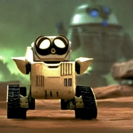 Prompt: wall - e playing the role of yoda in star wars 1 9 8 0
