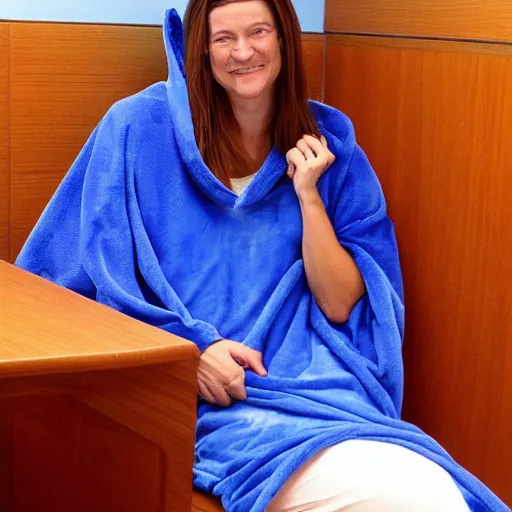 Image similar to Ghislane Maxwell wearing a blue Snuggie, sitting in a jail cell, she is laughing