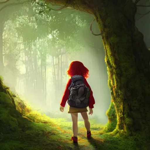 Image similar to a red - haired explorer girl kid with a backpack and a map, in the deep tangled, mossy, misty forest, lit by sunbeams, by loish, unreal 5,