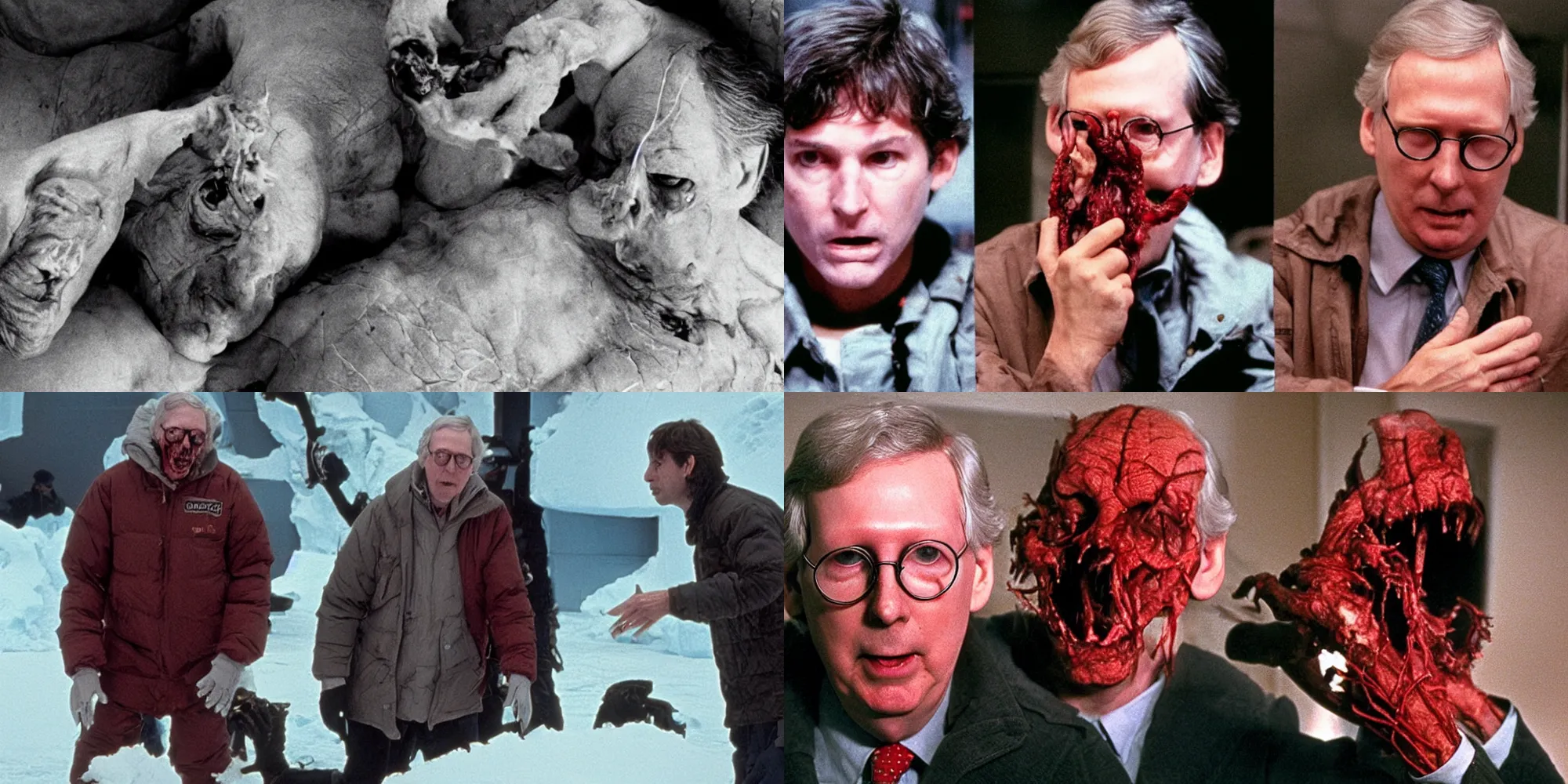 Prompt: mitch mcconnell next to ted cruz body horror in the thing ( 1 9 8 2 ) directed by john carpenter, limb mutations, swollen veins, red flesh strings, antarctica, snow, flamethrower, cinestill 8 0 0 t, 1 9 8 0 s movie still