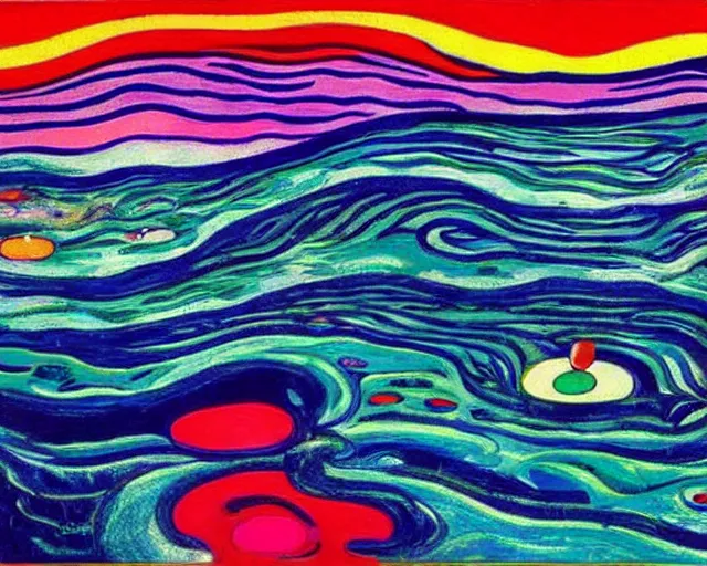 Image similar to Ocean waves in a psychedelic dream world. DMT. Curving rivers. Landscape painting by Edvard Munch. David Hockney. Takashi Murakami.