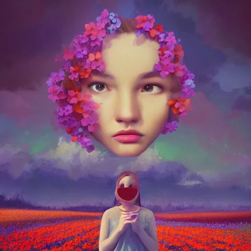 Image similar to girl with a giant flower as a face, surreal photography, dream, standing in flower field, hills, big trees, sunrise dramatic light, impressionist painting, colorful clouds, digital painting, pointillism, artstation, simon stalenhag, flower face