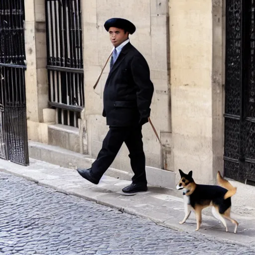 Image similar to Shiba Inu in a beret walks down the streets of Paris, carrying a baguette