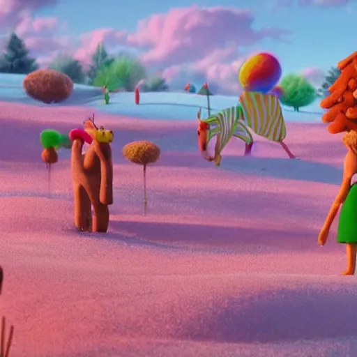 Prompt: Animated film still from a Pixar movie with a Candy land forest during christmas time with anthropomorphic ginger bread people and candy people, rivers made out of chocolate milk, the sky is pink, style of Pixar, Surreal, Angelic, HD, Hyper Realistic