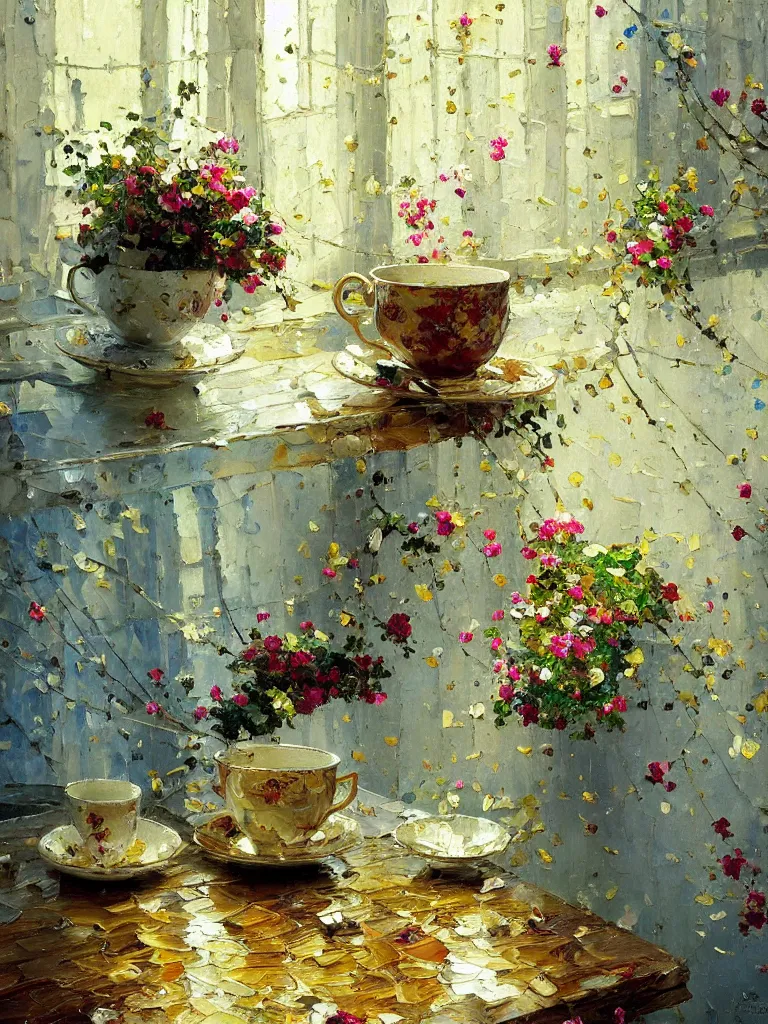 Image similar to tea cup amd friends, amazing impressionistic oil painting by alexi zaitsev, melinda matyas, denis sarazhin, karl spitzweg, intricate details, fractal leaves, tall windows, high quality, brush strokes, award winning, sharp focus, cool white