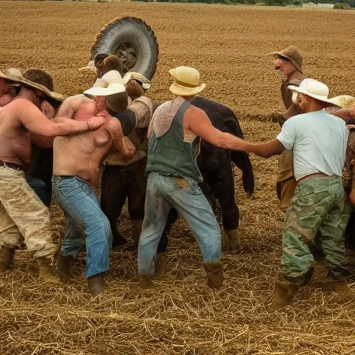 Image similar to photo of farmers fighting against military, award winning, golden hour