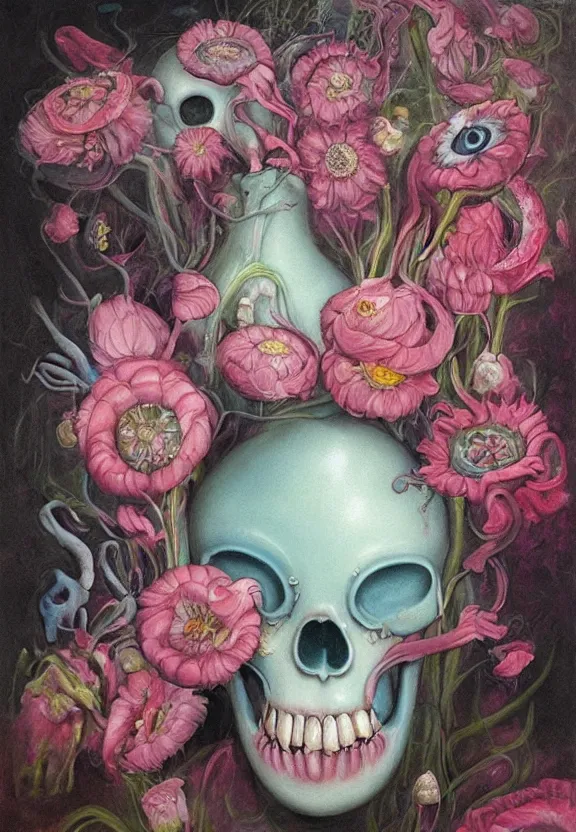 Image similar to a biomorphic painting of a vase with flowers and eyeballs in it, a surrealist painting by marco mazzoni, by dorothea tanning, pastel blues and pinks, lips, melting, plastic, skull, featured on artstation, metaphysical painting, oil on canvas, fluid acrylic pour art, airbrush art, seapunk, rococo, lovecraftian