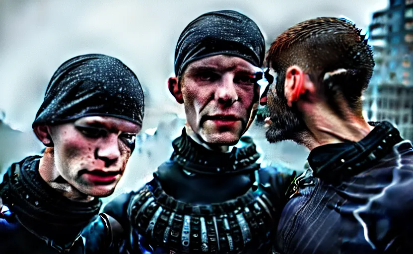 Image similar to cinestill 5 0 d candid photographic portrait by helen levitt of two european male androids wearing rugged black mesh techwear in treacherous waters, extreme closeup, modern cyberpunk moody depressing cinematic, pouring rain, 8 k, hd, high resolution, 3 5 mm, f / 3 2, ultra realistic faces, ex machina