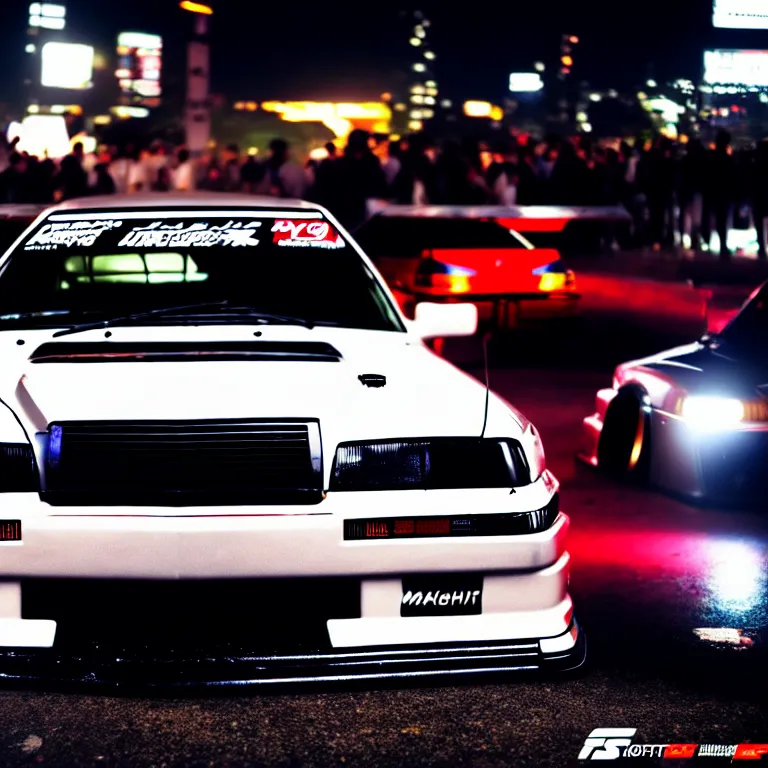 Image similar to a car JZX90 twin turbo drift at illegal car meet, Shibuya prefecture, city midnight mist lights, cinematic lighting, photorealistic, highly detailed wheels, high detail