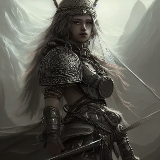 Image similar to beautiful extremely detailed intricate concept art depicting a warrior by wlop. shining jewelry. grey atmosphere. bcy. net