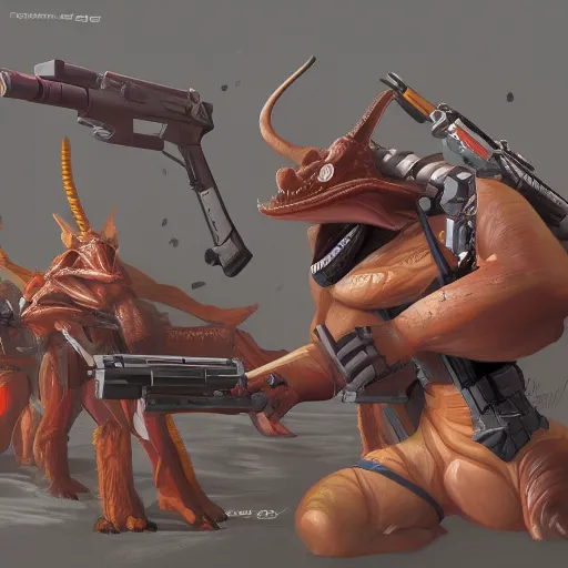 Prompt: gungan with lots of guns and gains, concept art, artstation trending