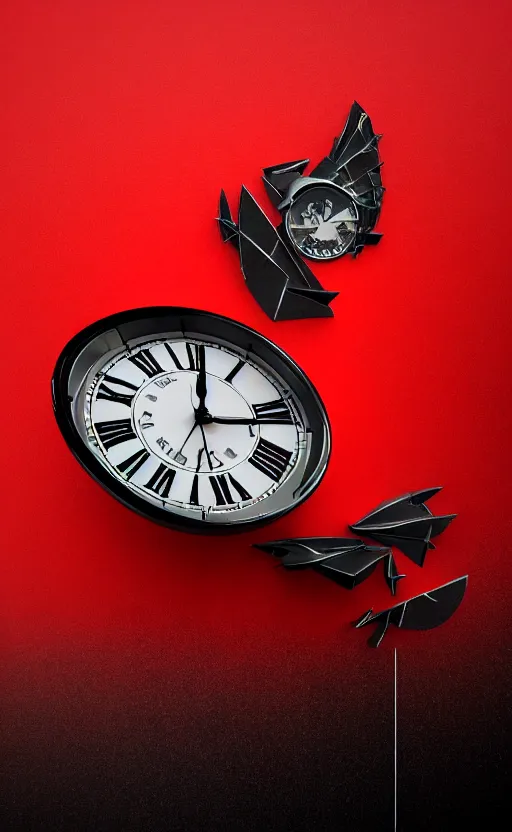 Image similar to a melting Roman numeral clock, behind a red and black gradient background, awith a black heart shaped on the top left corner and a black diamond card shape in the bottom right corner, dynamic lighting, photorealistic fantasy concept art, trending on art station, stunning visuals, cinematic, creative, ultra detailed