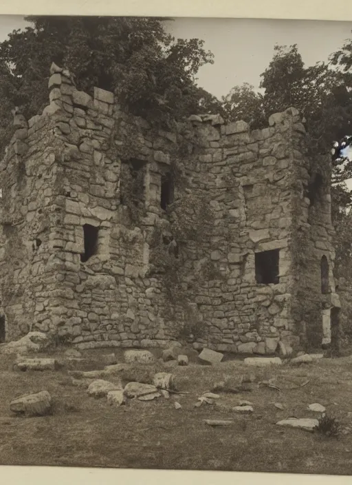 Image similar to Antique photograph of an alsacian castle in ruins atop rock formations, surrounded by forest, chromolithograph, Smithsonian American Art Museum