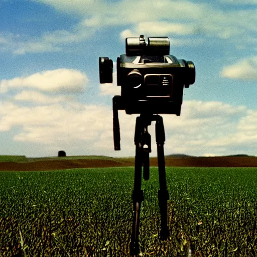 Image similar to wide view of an alien tripod walking in a field, aiming its laser at nearby peasants, 90s VHS TV still