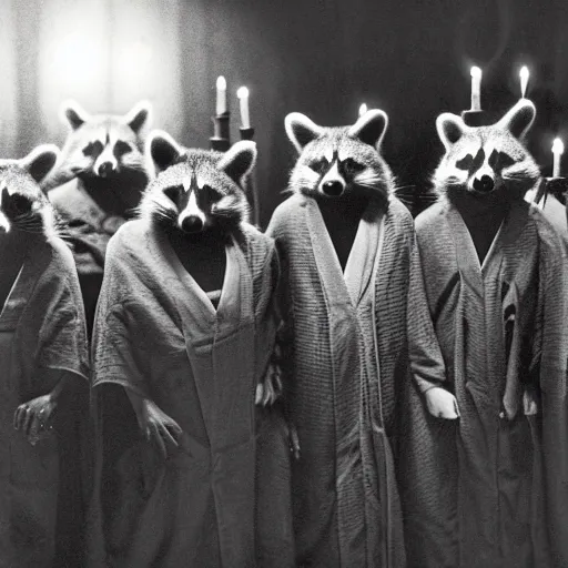 Prompt: vintage professional camera photo, a group of raccoons wearing dark cult robes look towards the camera in surprise and anger as they perform a dark occult evil ceremony inside the secret lair of an underground mystery cult, raccoon evil high priest in ornate robe leads the ritual, dramatic candlelight, pentagrams, ultra - detailed, photorealistic, 4 k