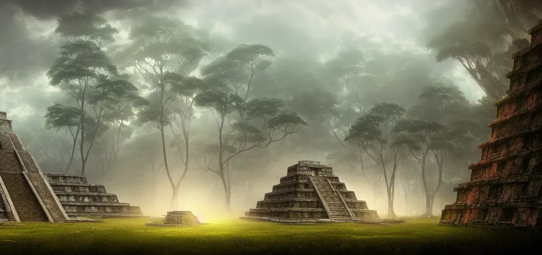 Prompt: dramatic view of an abandoned ancient mayan temple, trees with winding branches, colored fog, haze, unreal engine, dramatic lighting, detailed, ambient occlusion, global illumination, god rays, 3 d artstation render by noah bradley and jordan grimmer